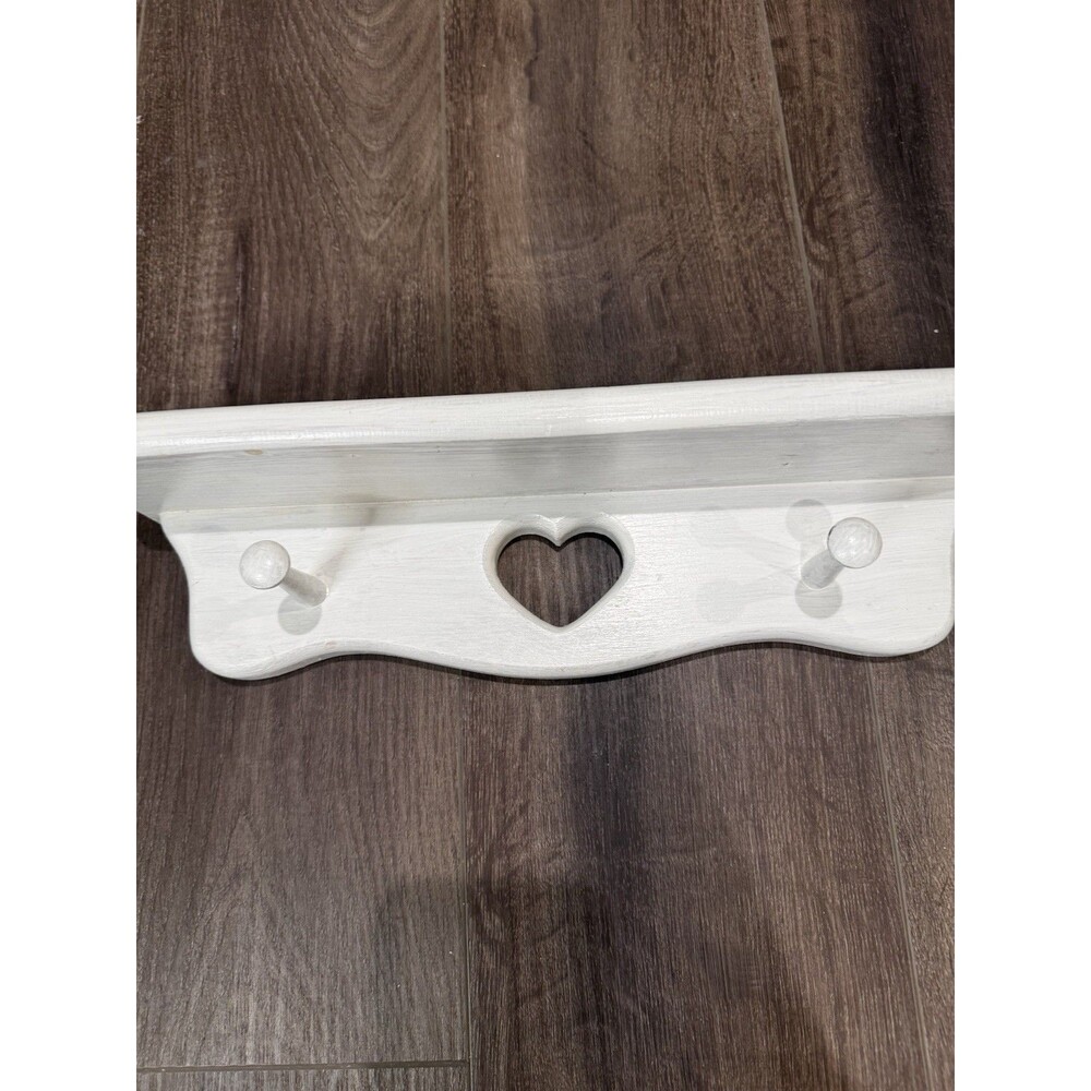 Wood Wall Shelf Heart Cutout 2 Peg Hooks White Cottage Farmhouse 15”